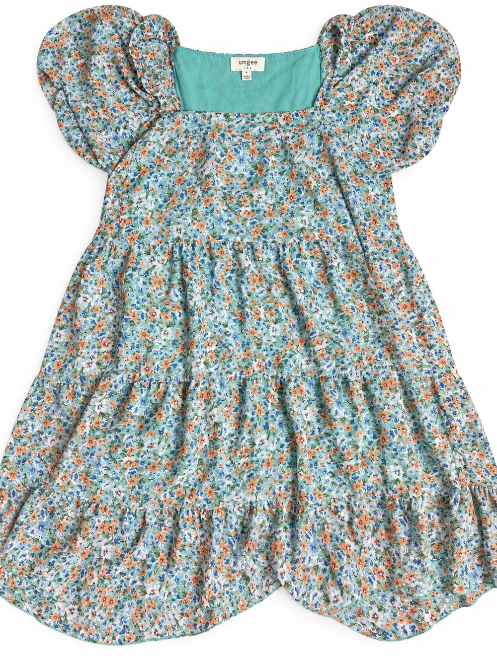 Umgee Size L Floral Tiered Puff Sleeve Babydoll Dress Blue Orange Boho